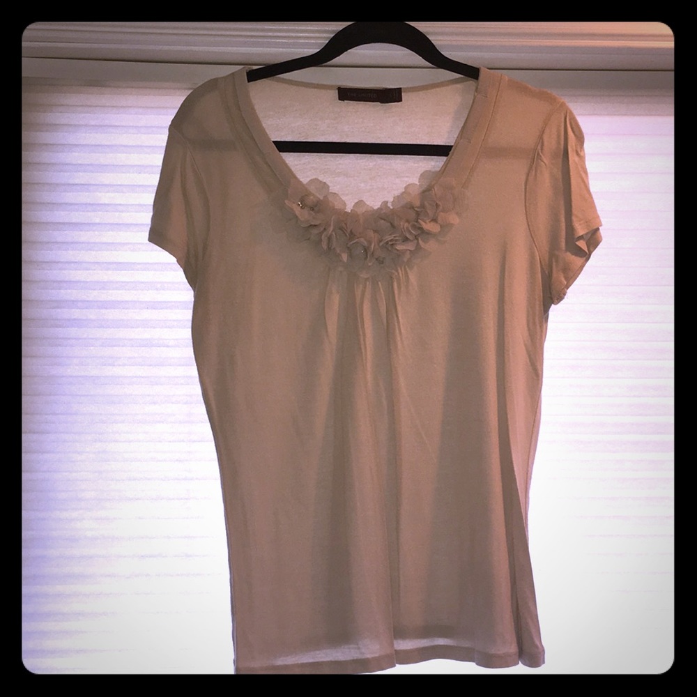 Tan shirt with jeweled ruffled floral detail L
